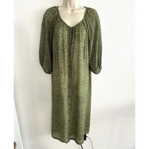 Ottod Ame Silk Chiffon Duster Kimono Sheer Peasant Maxi Olive Green Paisley Sz S